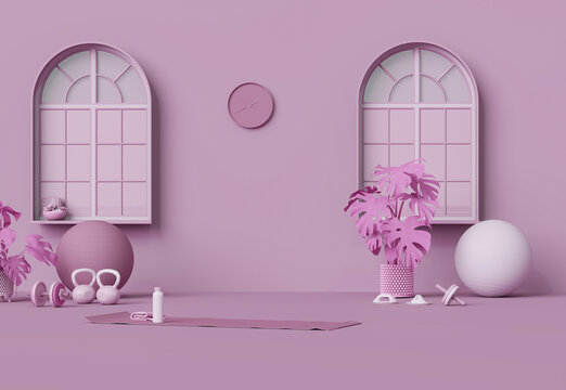 Sport fitness equipment, yoga mat, Kettlebell, dumbbells,plant pot, laptop,window, door on pastel pink background. Trendy 3d render for fitness, lifting in the gym, gym at home