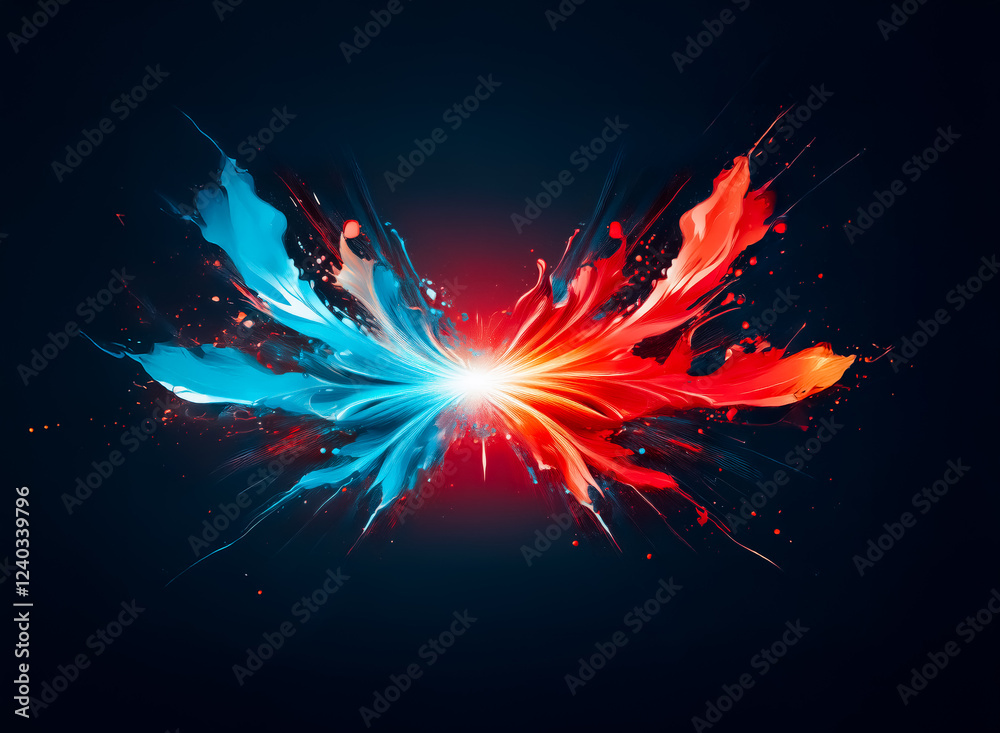 Poster vibrant blue and red paint explodes outwards, creating a symmetrical, butterfly-like shape against a