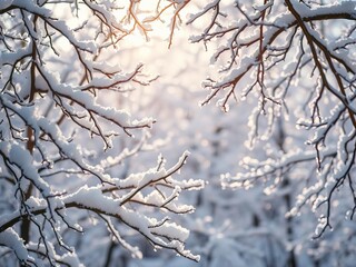 Snow-covered branches glistening in sunlight, creating a winter wonderland effect, snow-laden, magical, tranquil