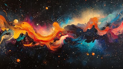 Obraz premium A deep space-inspired abstract scene with cosmic shapes and colorful energy trails