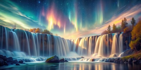 Fototapeta premium Majestic Waterfall Cascading Under a Vibrant Aurora Borealis Display at Night
