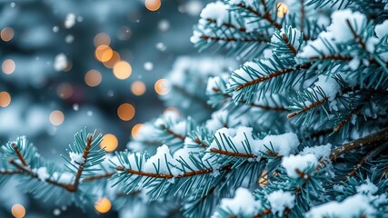 Snow-covered blue spruce branches in a winter forest during a magical Christmas snowfall, detail, Christmas, blue spruce