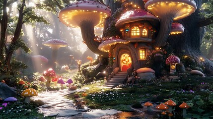 Fototapeta premium A Magical Mushroom House in a Sunlit Forest