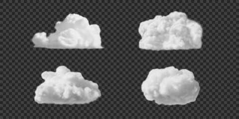 Set of white fluffy clouds, fog or smoke on sky.