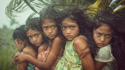 Group of Five Young Girls with Serious Expressions Standing Together in Heavy Rain During Stormy Weather