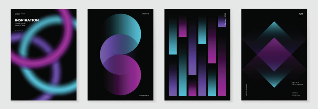 Modern gradient poster background vector set. Minimalist cover template with vibrant perspective geometric prism shapes in motion. Ideal design for social media, cover, banner, flyer.