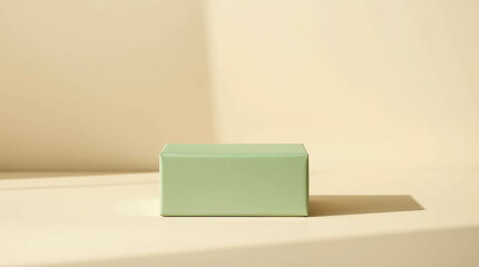 A light green box placed on a light beige table. The elegant composition and neutral tones create an atmosphere of tranquility and modernity.