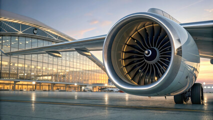 Aircraft engine with clear metallic highlights on the turbine surface. The blurred airport background emphasizes the technology and scale of the design.