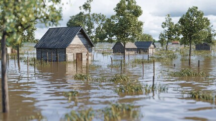 Fototapeta premium Flooded rural landscape with submerged wooden houses and inundated trees under a cloudy sky