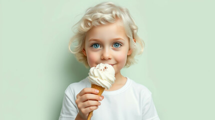 A boy with white curls and blue eyes holds a soft ice cream. On a light green background.