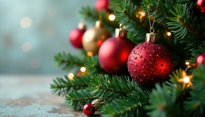 Obraz premium Sparkling crystal balls and ornaments add a touch of elegance to the Christmas wreath, holly, decorations