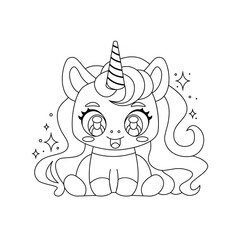 Cute unicorn character. Coloring book page for kids. Vector illustration. For coloring book, game, print, party, design.