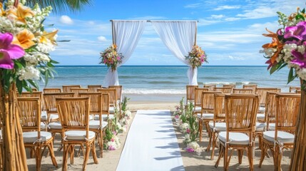 A beach wedding ceremony with bamboo chairs, soft white drapes, and tropical flower arrangements facing the ocean.