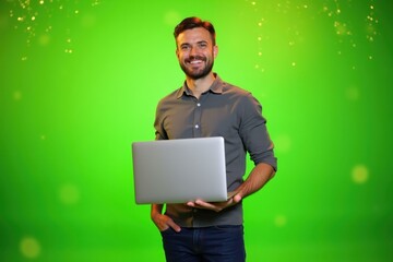 Smiling young man with beard holding silver laptop computer, standing in front of bright green background with bokeh lights, ideal for technology, business presentations, or digital marketing concept