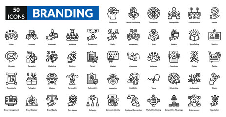 Branding line icon set collection. Brand, ambassador, audience, credibility, identity, recognition, marketing, strategy, target, reputation, loyalty, competitive advantage, product