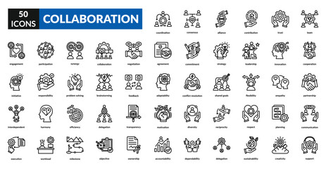 Collaboration line icon set collection. Agreement, commitment, harmony, problem solving, partnership, participation, strategy, leadership, motivation, coordination, execution