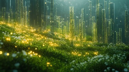 Obraz premium A futuristic meadow with glowing grass blades and holographic elements