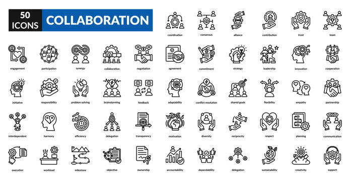 Collaboration line icon set collection. Agreement, commitment, harmony, problem solving, partnership, participation, strategy, leadership, motivation, coordination, execution