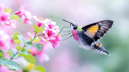 Fototapeta premium Hummingbird hawk-moth feeding on pink flowers, garden background, nature photography