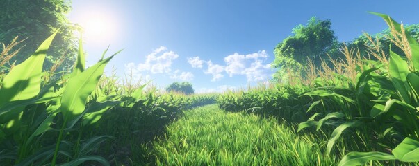 Fototapeta premium Serene Summer Cornfield Path: A Day in the Countryside
