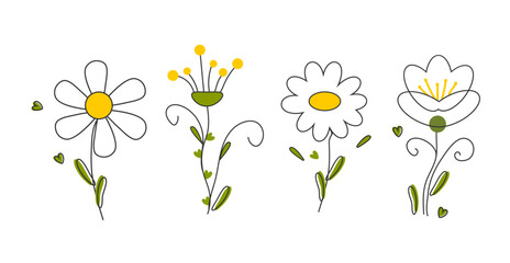 Set of spring flowers in outline on white background. Trendy minimalist flower designs.