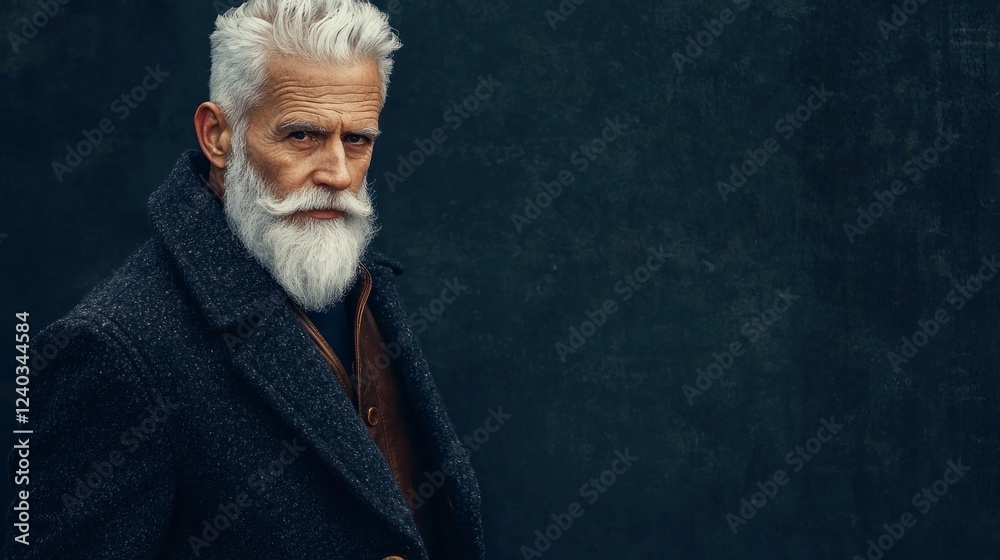 Poster a distinguished older man stands confidently, showcasing a full silver beard and sharp attire. his e