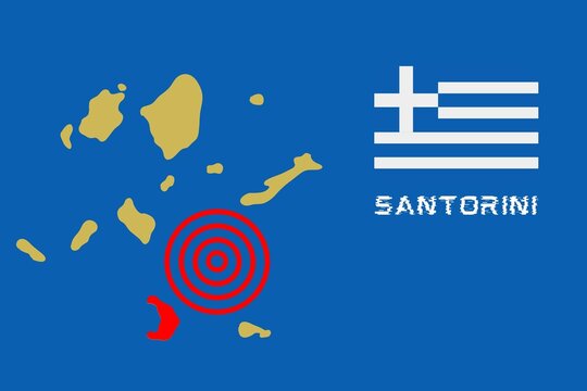 Illustration of dangerous earthquakes and seismic activity near Santorini Island of Greece with Greece Flag
