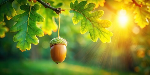 Obraz premium Golden Sunlight Illuminates a Single Acorn Hanging from an Oak Branch with Vibrant Green Leaves