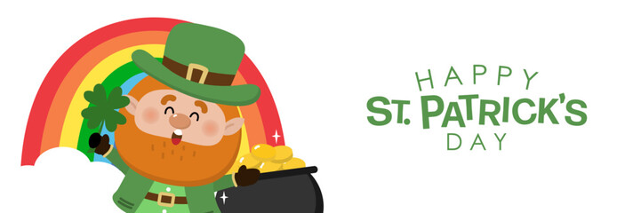 Happy St Patrick's day with cute Leprechaun in green costume with clover leaves for good luck and gold coin in the pot. -vector