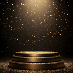 Luxury Golden Stage with Sparkling Confetti Falling Under a Spotlight, Creating an Elegant and Prestigious Scene for Award Shows, Recognition Events, and Celebrations