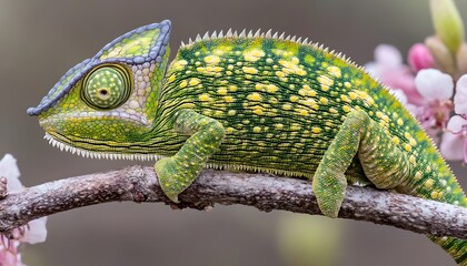 Obraz premium A vibrant green chameleon rests on a branch