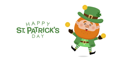 Happy St Patrick's day with cute Leprechaun in green costume with clover leaves for good luck and gold coin in the pot. -vector