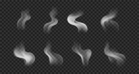 Vector hot steam, smoke on transparent backdrop.