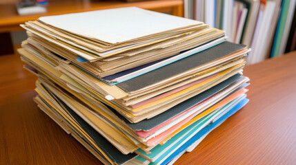 Aerial view of stack of assorted files and documents on wooden desk, showcasing various colors and textures. This conveys sense of organization and paperwork management