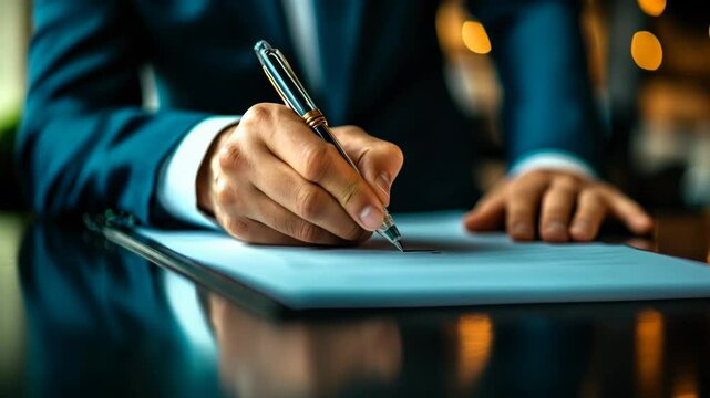 Close up of unrecognizable businessman underlining on a document of an important contract