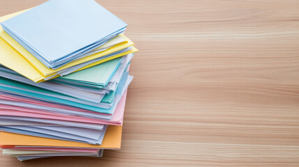 colorful stack of paper sheets on wooden surface, showcasing various pastel colors. organized arrangement adds vibrant touch to any workspace