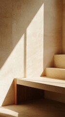 Natural light pours through a window, casting geometric shadows on the smooth surface of a modern stairway. The muted palette enhances the calming ambiance of the room