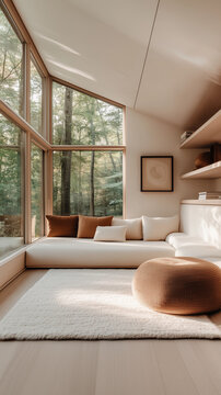 Salon minimaliste zen avec grandes baies vitr&eacute;es donnant sur for&ecirc;t, tons beiges et naturels