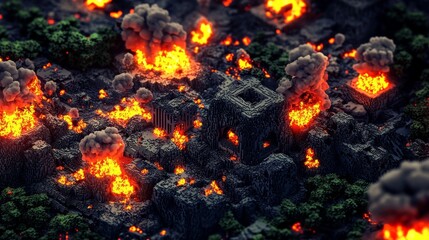 Fototapeta premium Surreal Aerial View of a Fiery Landscape with Erupting Flames and Billowing Smoke Amidst Ancient Ruins