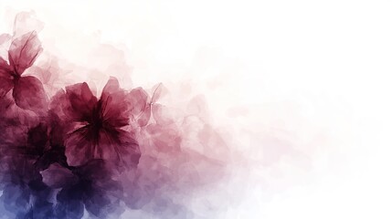 Abstract floral banner, maroon flowers, white background, soft focus, design element
