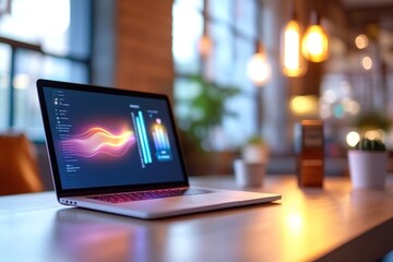 Laptop Displaying Data Analytics in a Cozy Cafe Setting