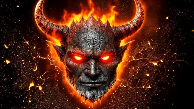 Demonic silhouette rising from blazing flames, crimson eyes glinting, emitting explosive sparks across shadowy supernatural landscape