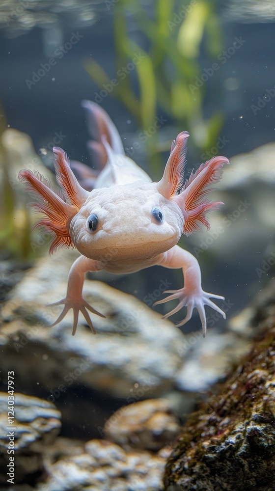 Poster A unique axolotl swims effortlessly in a serene underwater world, displaying its bright pink body and frilly gills. Surrounding rocks and gentle bubbles create a tranquil atmosphere