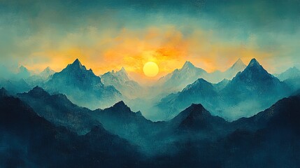 Obraz premium An oil-textured twilight scene with a gradient sky and softly glowing peaks
