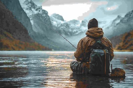 Solitary fisherman casting his line into a shimmering lake surrounded by mountains and forest with the sun dipping below the horizon