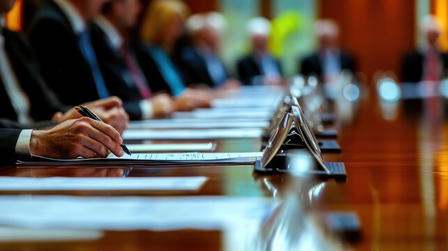 Members of a board of directors reviewing financial statements at a long table.