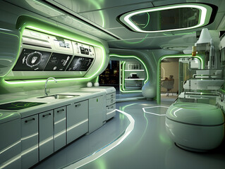 Obraz premium Futuristic Kitchen Interior with Green Lighting and City Night View