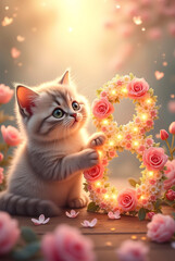 A fluffy white kitten playfully touches a glowing floral number eight, surrounded by roses and butterflies in a soft, dreamy setting