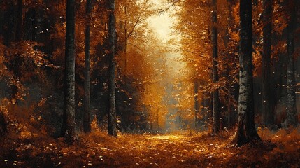 Obraz premium An oil-textured autumn forest scene with rich golden leaves and bold brushwork