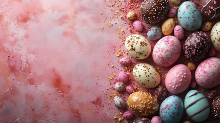 Obraz premium Easter egg celebration bright studio wallpaper design festive environment overhead view cozy concept with creamy latte background